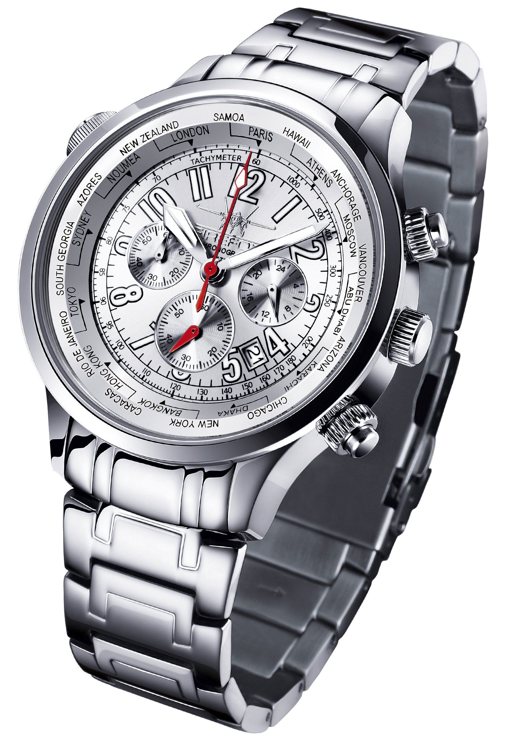 FIREFOX WORLDTIMER FFS40-104 Sunray Silber Weltzeitanzeige Chronograph Herrenuhr Armbanduhr Sicherheitsfaltschließe massiv Edelstahl wasserdicht Miyota OS20 Werk