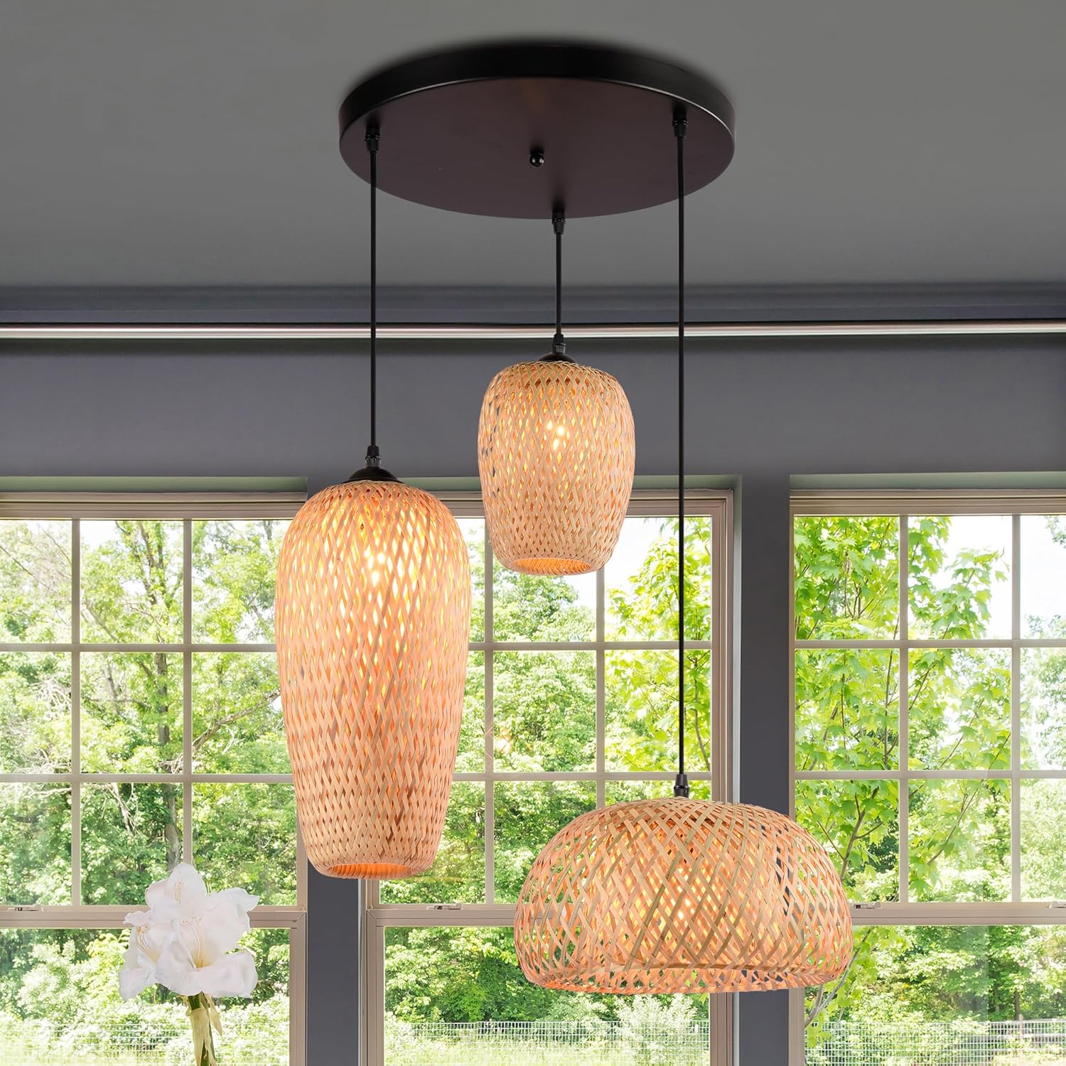 Farmhouse 3-light Rattan Pendant Light Fixtures , Hand-Woven Bamboo Shade Chandelier for Kitchen Island, Adjustable Ceiling Mount Hanging Lamp for Living room, Dining room, Bedroom, Entryway Décor