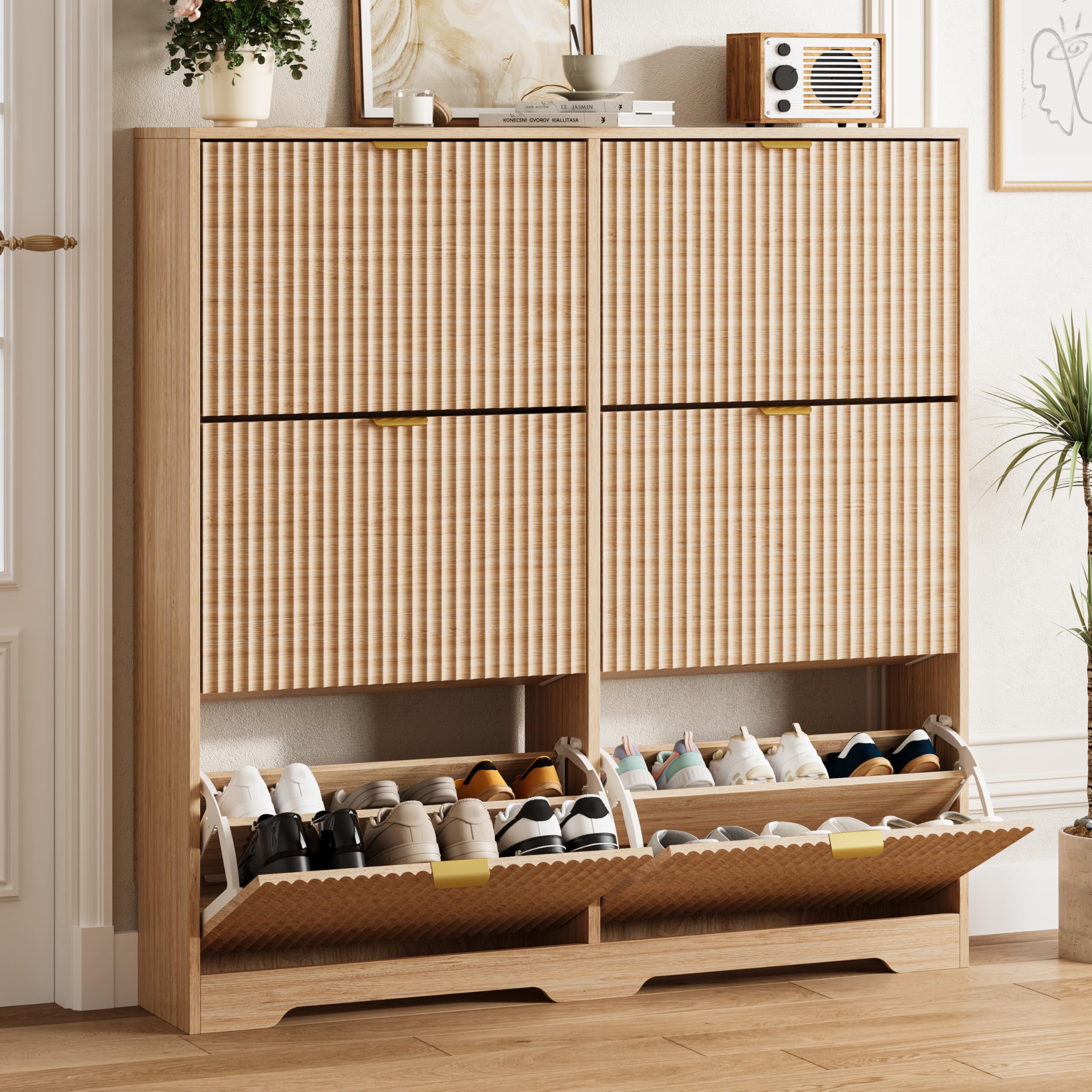 HUANLEGO Shoe Cabinet Storage for Entryway with 6 Flip Drawers, Oak