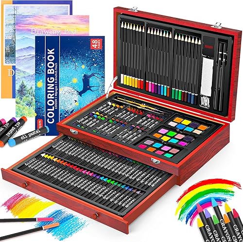 iBayam - Juego de 150 piezas de arte de madera de lujo kit de pintura de dibujo con 1 libro para colorear 2 blocs de bocetos caja de regalo creativa