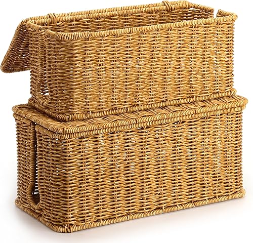 Miniatura 7 de Paquete de 2 cajas grandes de gestión de cables negras, organizador de cables de ratán de imitación tejido a mano, ocultador de cables, caja de