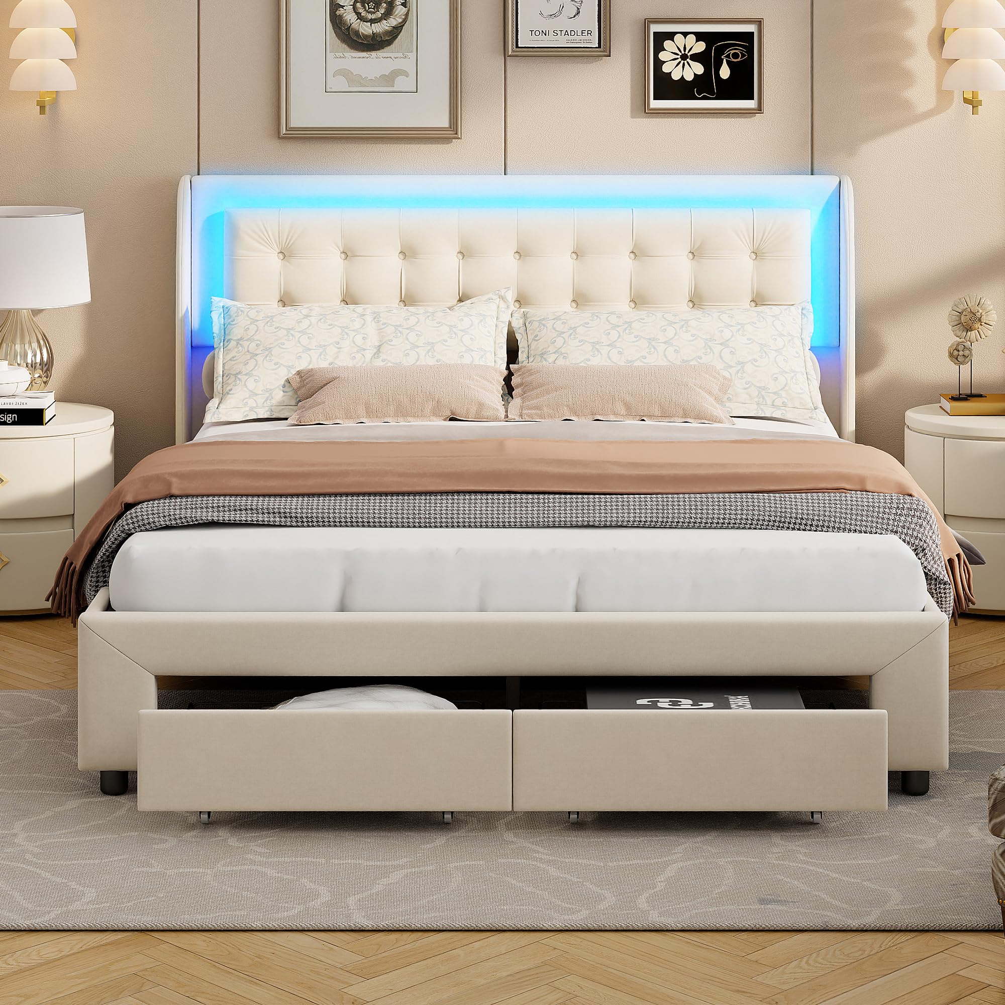LIVLUX Lit Coffre 180 x 200 cm, Lit Double rembourré avec éclairage LED, Cadre de lit avec 2 tiroirs et Espace de Rangement, Lit 2 Personnes pour Adultes et Adolescents,Velours (180 x 200 cm C)