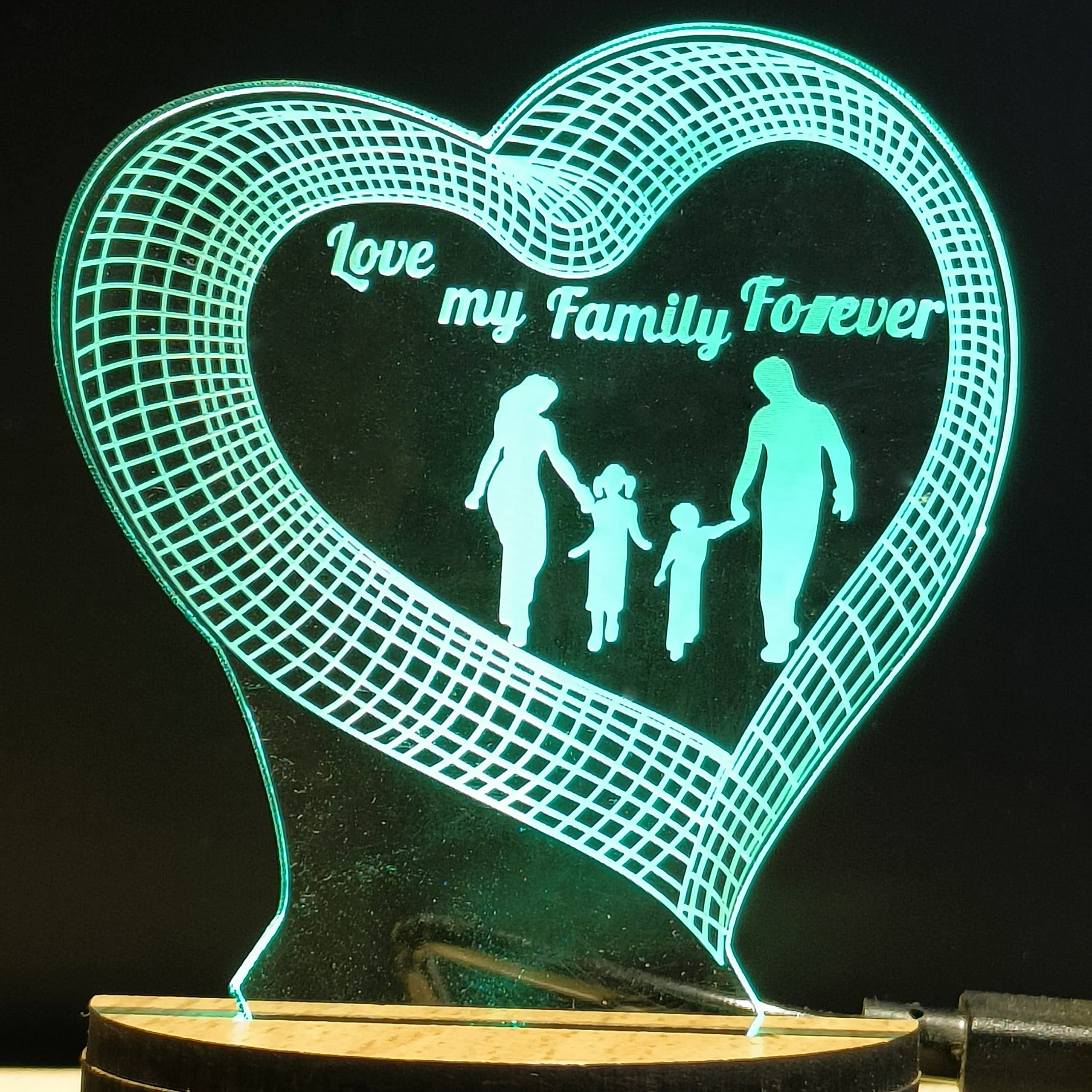 Gadgets World Love My Family Forever 3D Illusion Acrylic USB Powered Wooden Base Night Lamp, Multicolor LED Plug n Play, Office Light, Car Dashboard Light, Best for Gift - Pack of 1 (USB0151, 7CM)