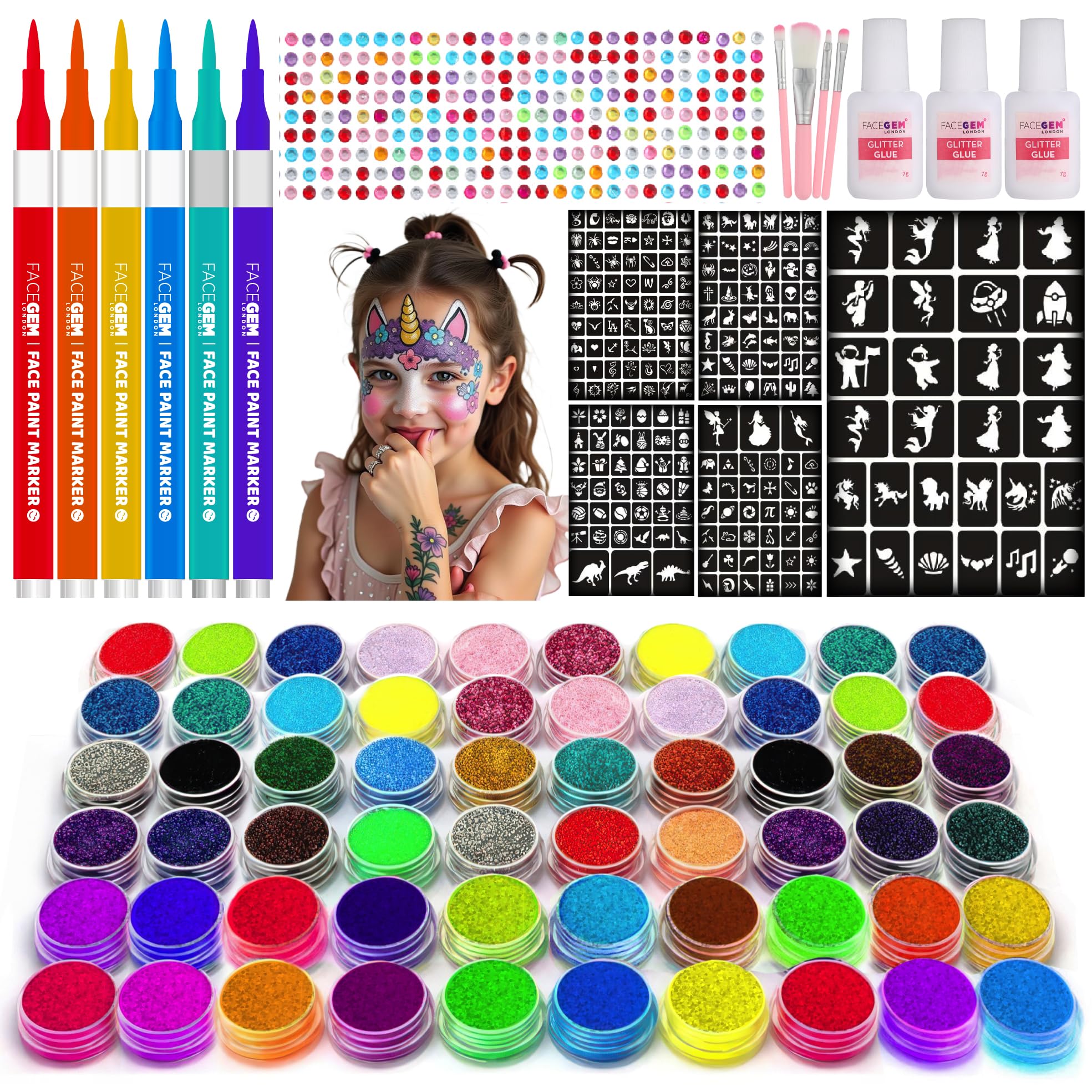 60 Colour – Glitter Tattoos for Kids, Glitter Tattoo Kit, Temporary Tattoos for kids, 200+ Stencils, 60 Colour (20 Neon), 6 PCS Face Paint, 1000+