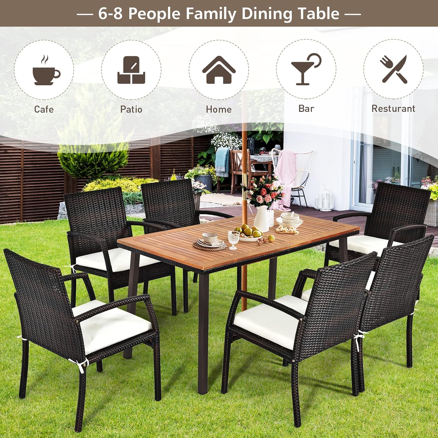 RELAX4LIFE Outdoor Dining Table for 6-8, Acacia Wood Slatted Patio Table w/Umbrella Hole, Wicker Edging, Rust-Proof Steel Legs, Rectangle Outdoor Patio Table for Deck Backyard Pool Side Relaxation
