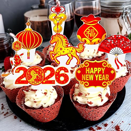 Miniatura 6 de Decoraciones para cupcakes de Año Nuevo chino, 48 piezas de selecciones de Año Lunar 2025 Año de serpiente, selecciones de pasteles de fiesta