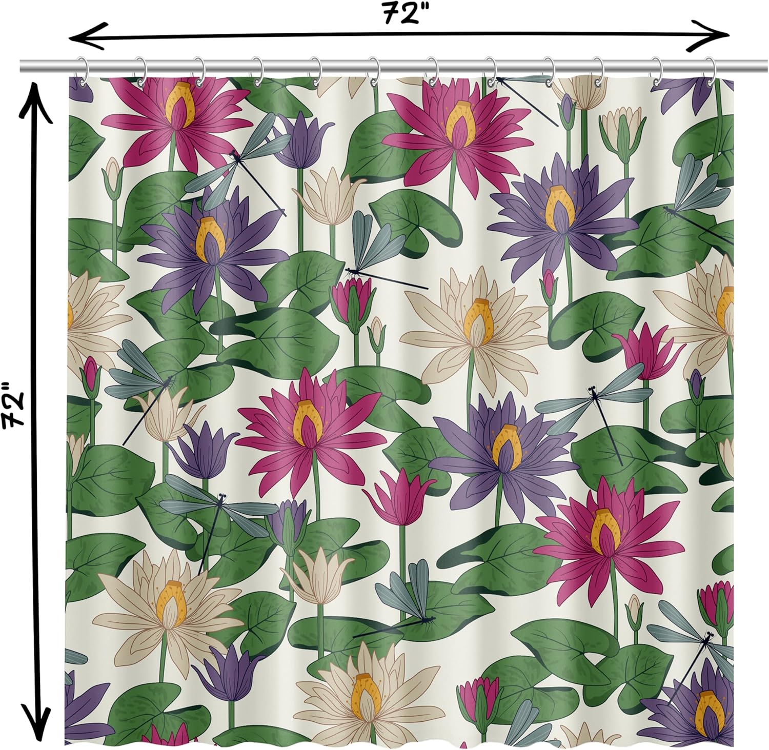 Fabric Shower Curtain with Design | Machine Washable Waterproof Fabric Works as Shower Curtain, Inner Liner, or Both (Lotus Tricolor, 72" L x 72" W)