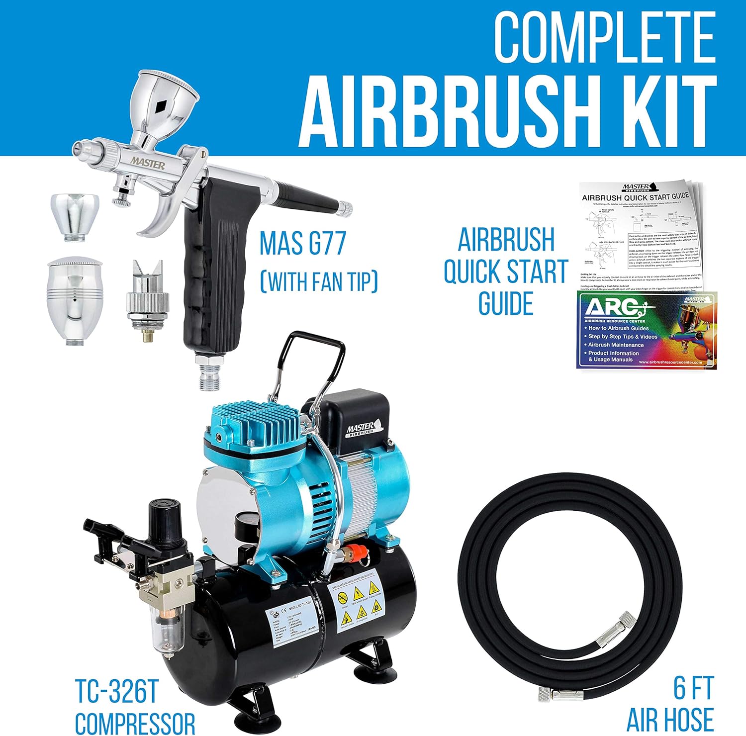 Master Airbrush Model G77 Spray Gun Fan Head, Round Pattern Head Pistol Trigger Airbrush Kit with Cool Runner II Dual Fan Air Tank Compressor, 2 Nozzle Sets 0.3, 0.5mm, 3 Cup Sizes, Hose - Auto Paint