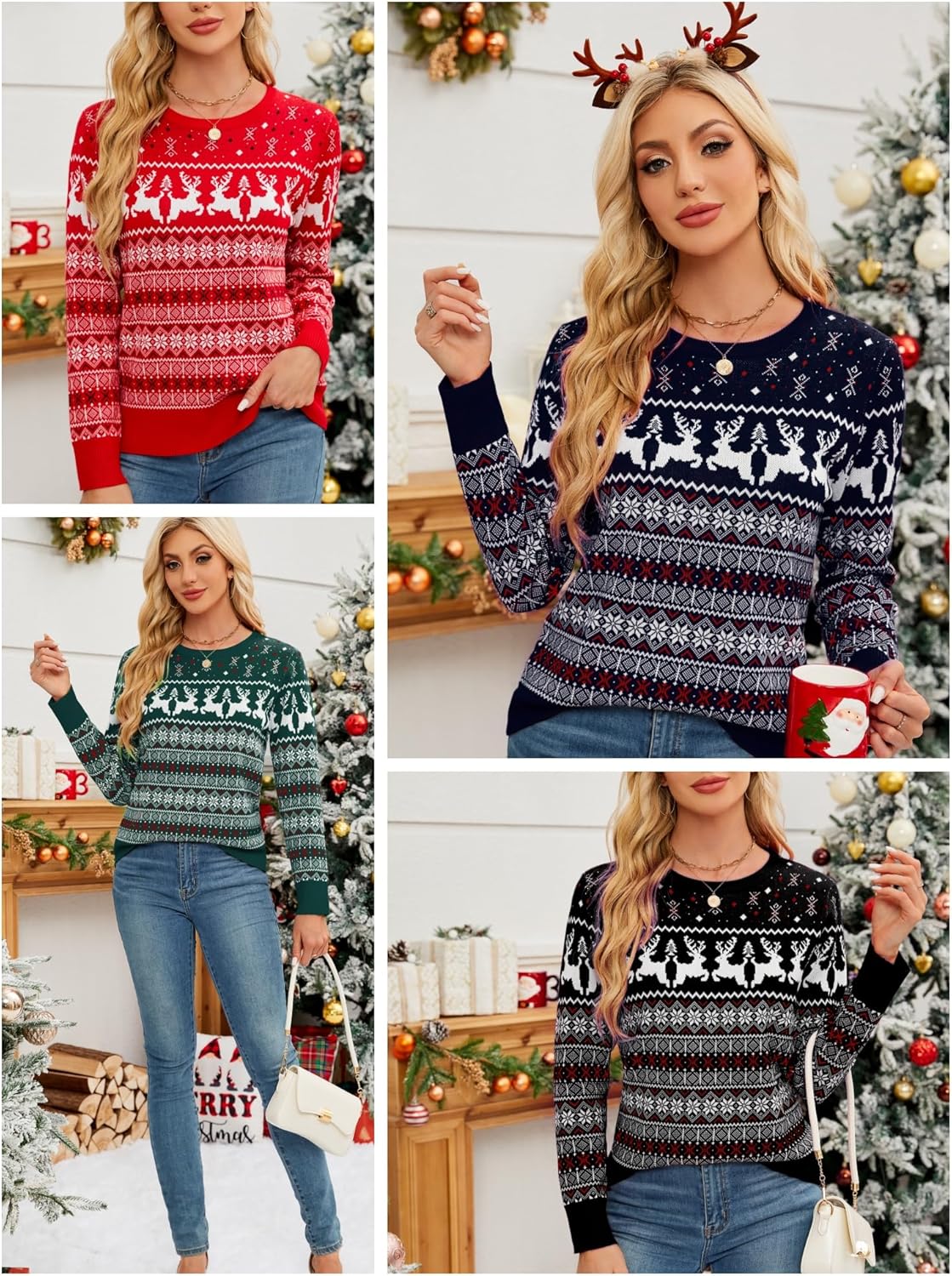 Women's Christmas Sweater,Crew Neck Long Sleeve Soft Warm Winter Snowflake Reindeer Xmas Pullover Tops - Image 5