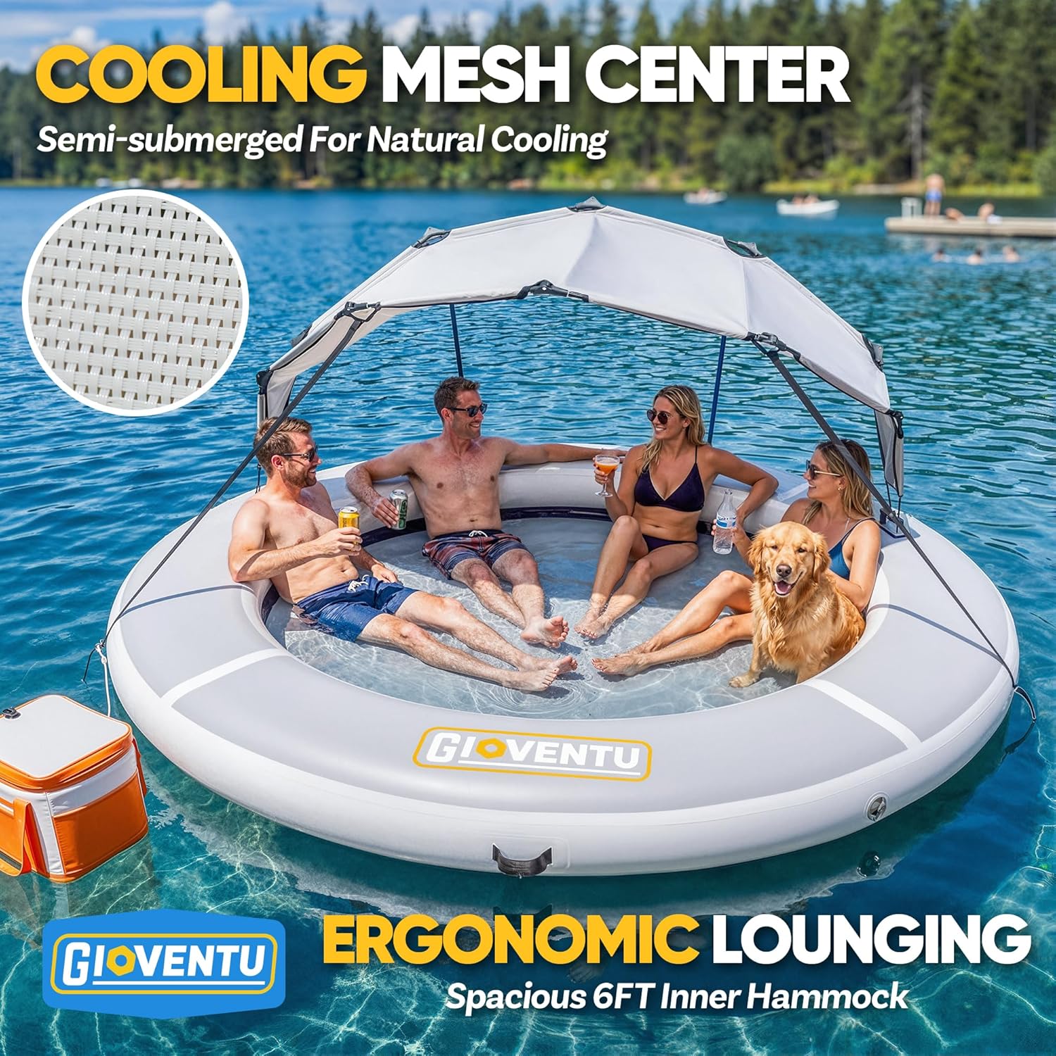 Inflatable Water Hammock, 8FT Lake Float for Adults, 660 LB Capacity, Sun Chill Float Ring with Cooling Mesh Center & Removable Shade Canopy, Drop-Stitch Platform for Pool, Lake & River