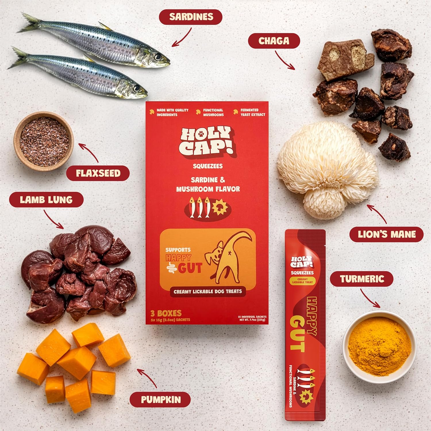 Happy Gut Grain-Free Lickable Dog Treats, 15 Squeezable Purée Tubes (0.5 oz Each), Sardine & Pumpkin Flavor, Creamy Dog Purée with Clean Ingredients, Hand-Fed Treat or Meal Topper