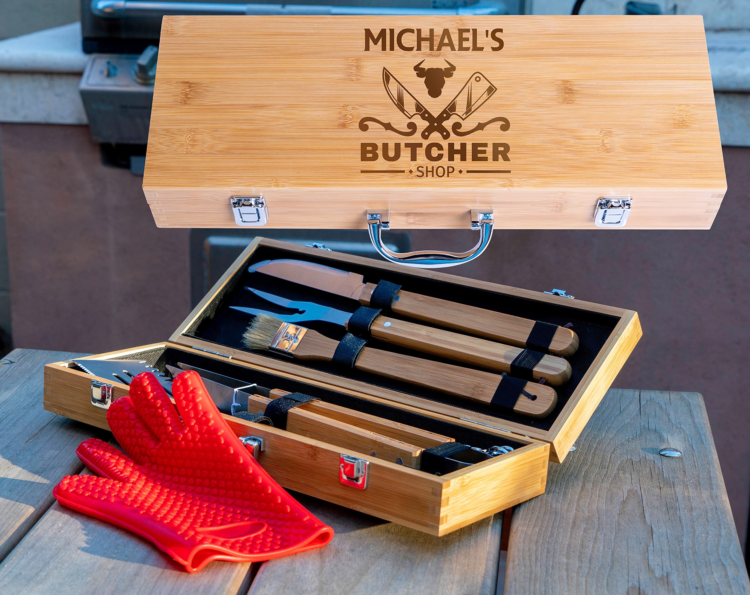 EMM Personalized BBQ Grilling Accessories, Stainless Steel Grill Tools, 11 Piece Portable Barbeque Utensils for Outdoor Camping, Backyard, Travel - BBQ