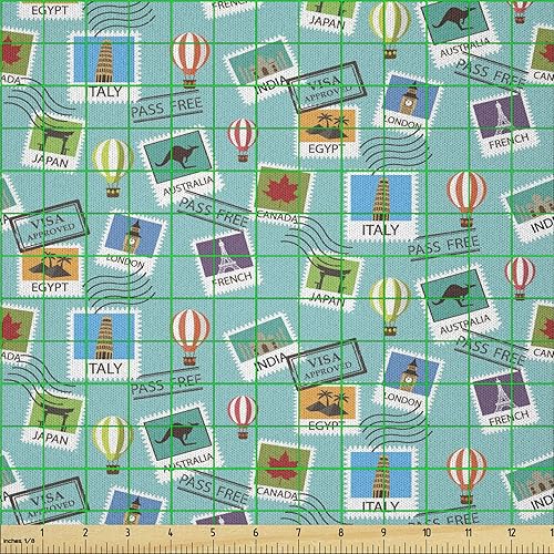Miniatura 2 de Ambesonne The Yard, tela de dibujos animados de aventura por The Yard, destinos populares de viaje con motivos de sello de pasaporte de países y