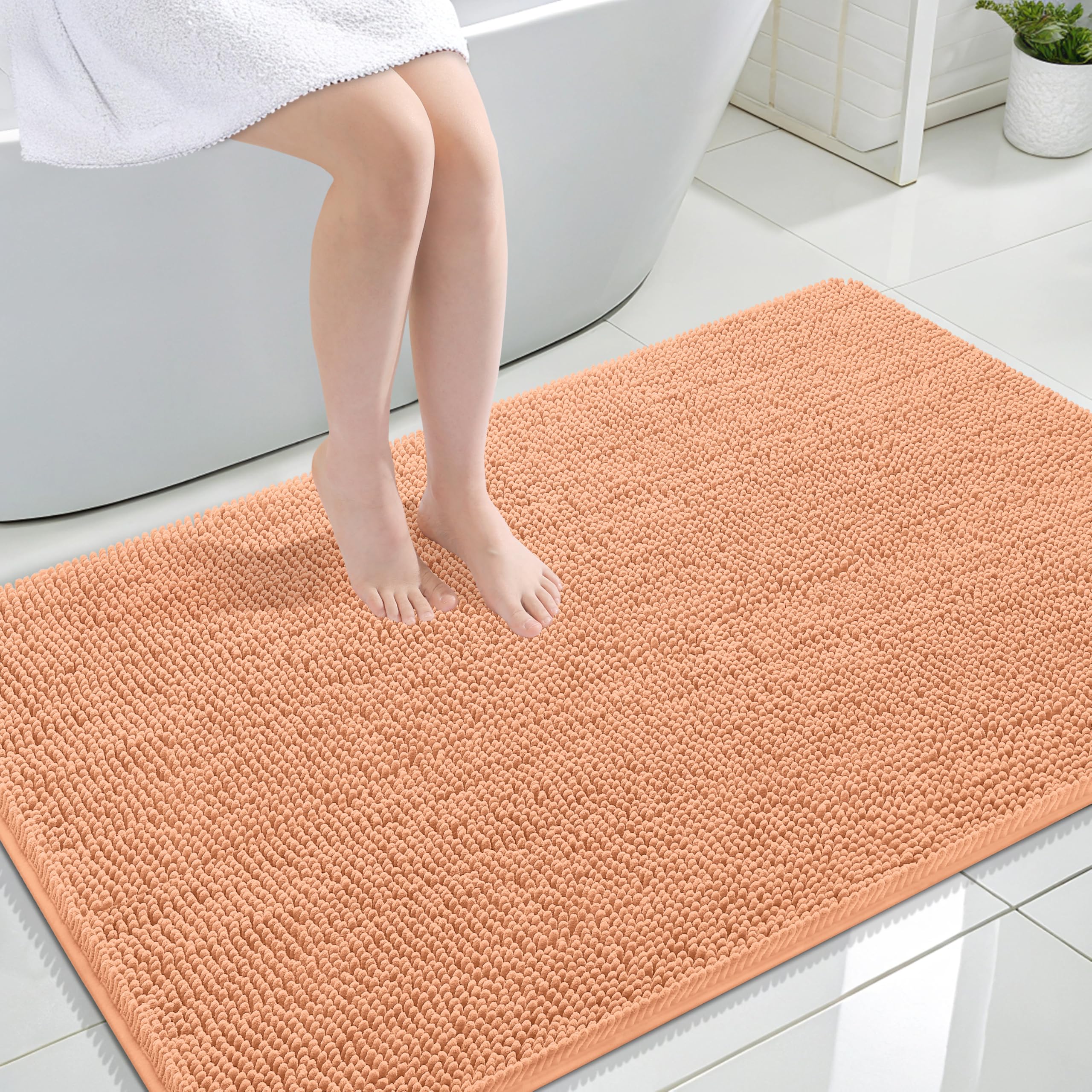 OLANLY Large Bathroom Rugs 44x32, Extra Soft Absorbent Chenille Bath Rugs | Peach, Quick-Drying Rubber Backing, Machine Washable Bath Mat for Bathroom Floor, Tub and Shower, Home Decor Accessories