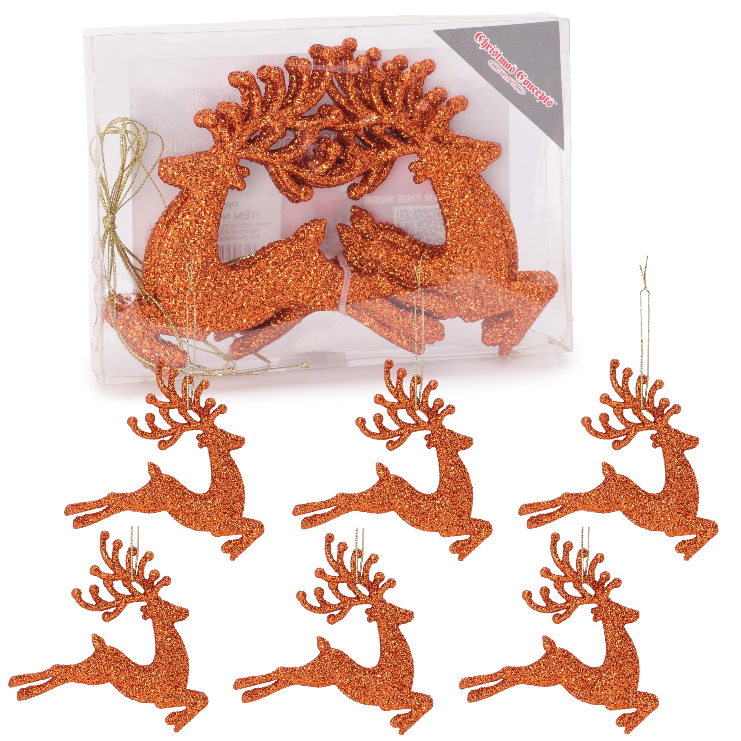 Christmas Concepts®- 100mm (4") Pack Of 6 Glittery Reindeer Baubles - Christmas Tree Decorations (Copper)