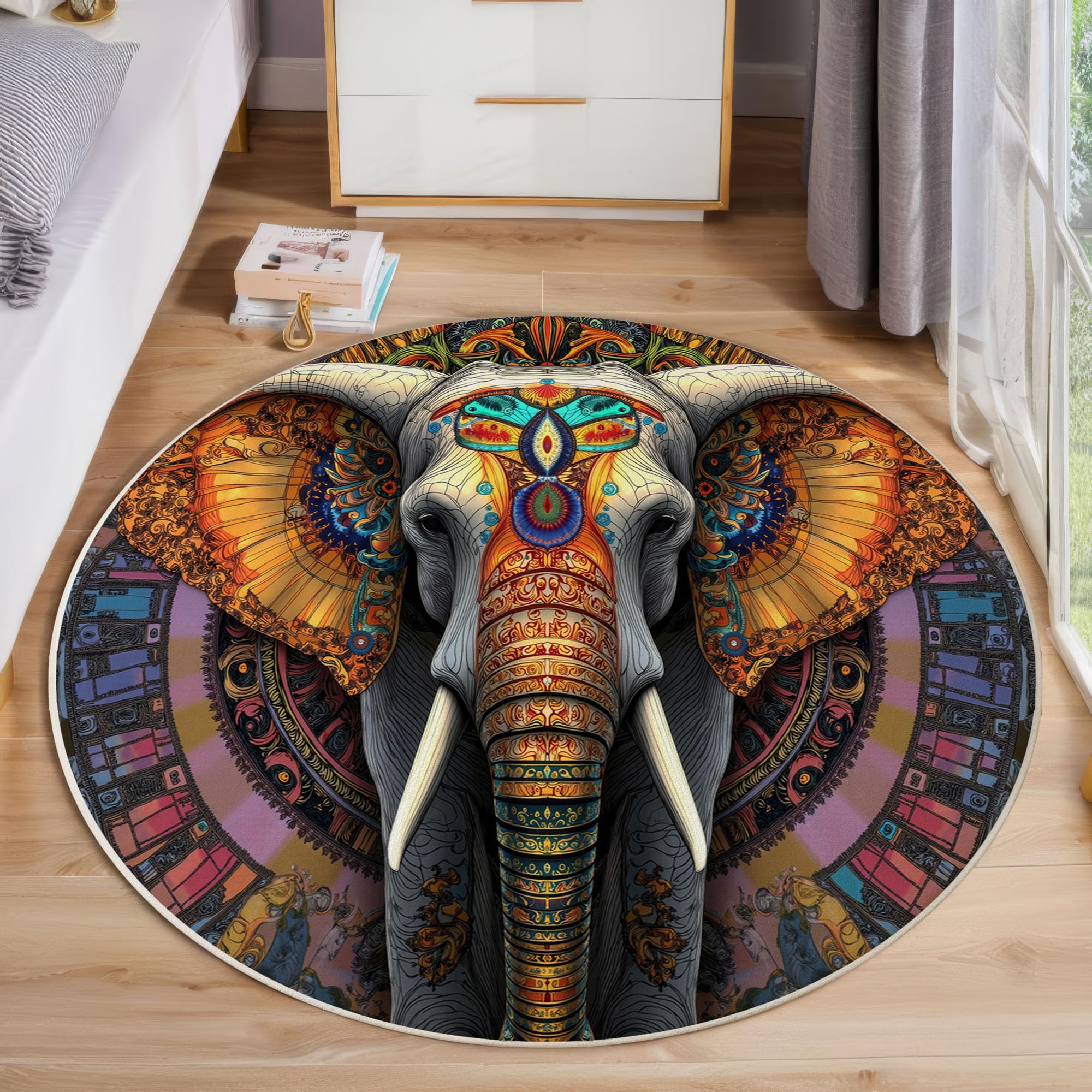 Tapis Ronds Mandala Éléphant, Tapis Rond Illustration Ethnique Antidérapant Doux Rugs Chambre, Lavable Rug De Salon, pour Bureau L'intérieur 120cm