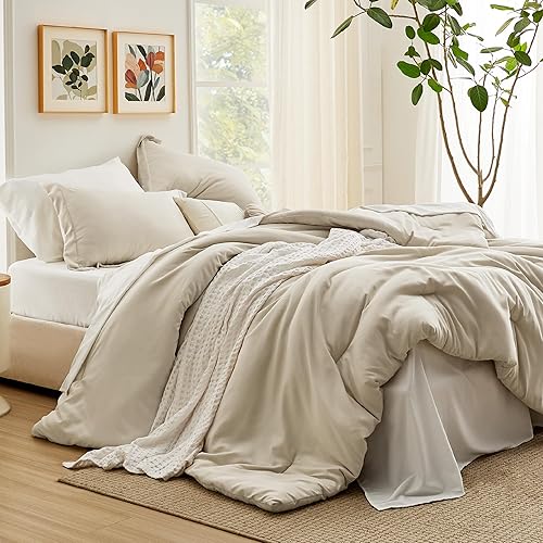 Miniatura 1 de Bedsure Juego de edredón tamaño Queen, color beige, edredón suave de 7 piezas para cama de tamaño Queen con sábanas, fundas de almohada y fundas,