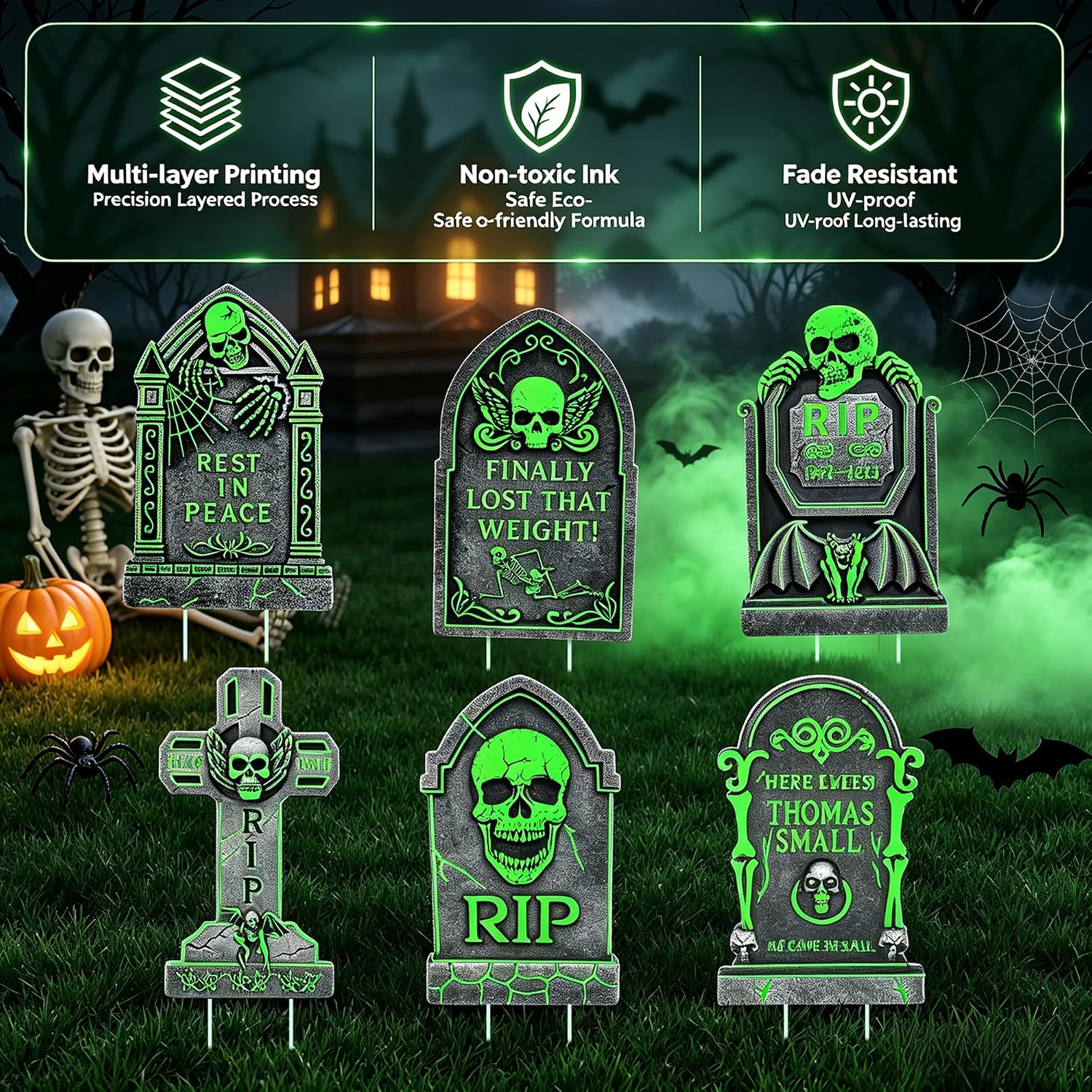 Balibell Glow-in-the-Dark Halloween Graveyard Yard Signs (6-Pack, 16.9 x 10.6 in)