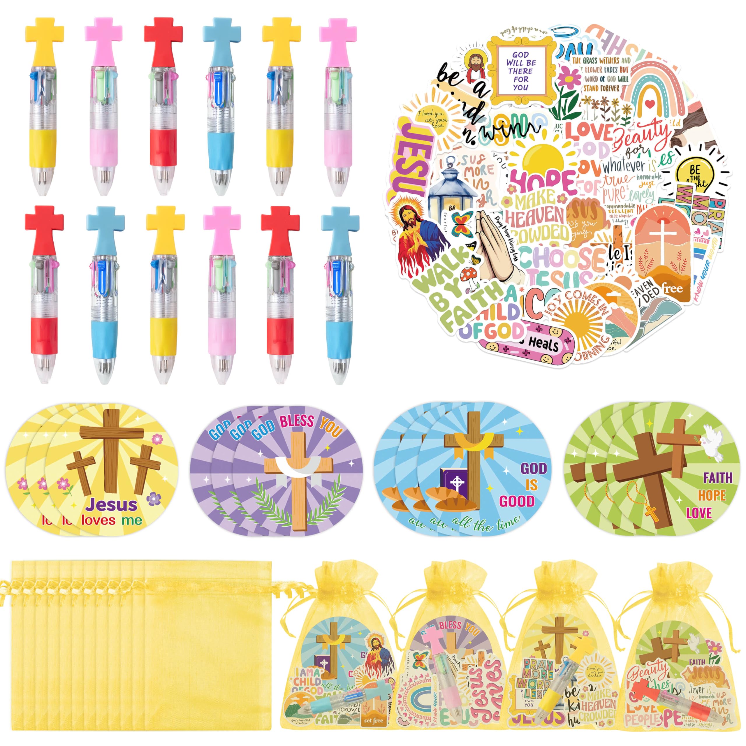 CY2SIDE Christian Cross Stationery Gift - 12 Pack Vacation Bible Stationery Party Gift Include 4-in-1 Ballpoint Pen Sticky Note Sticker and Religious Party Goodie Bag Fillers for Sunday School Rewards โ image 1