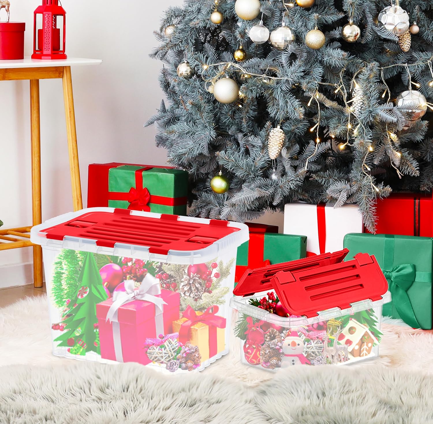 Superio Christmas Storage Box with Red Hinged Lids, Plastic Container Bins for Organizing with Attached Lid, Stackable Crates, BPA Free, Organizers for Home and Office, 19 Quart (17"x11.65"x8.75)