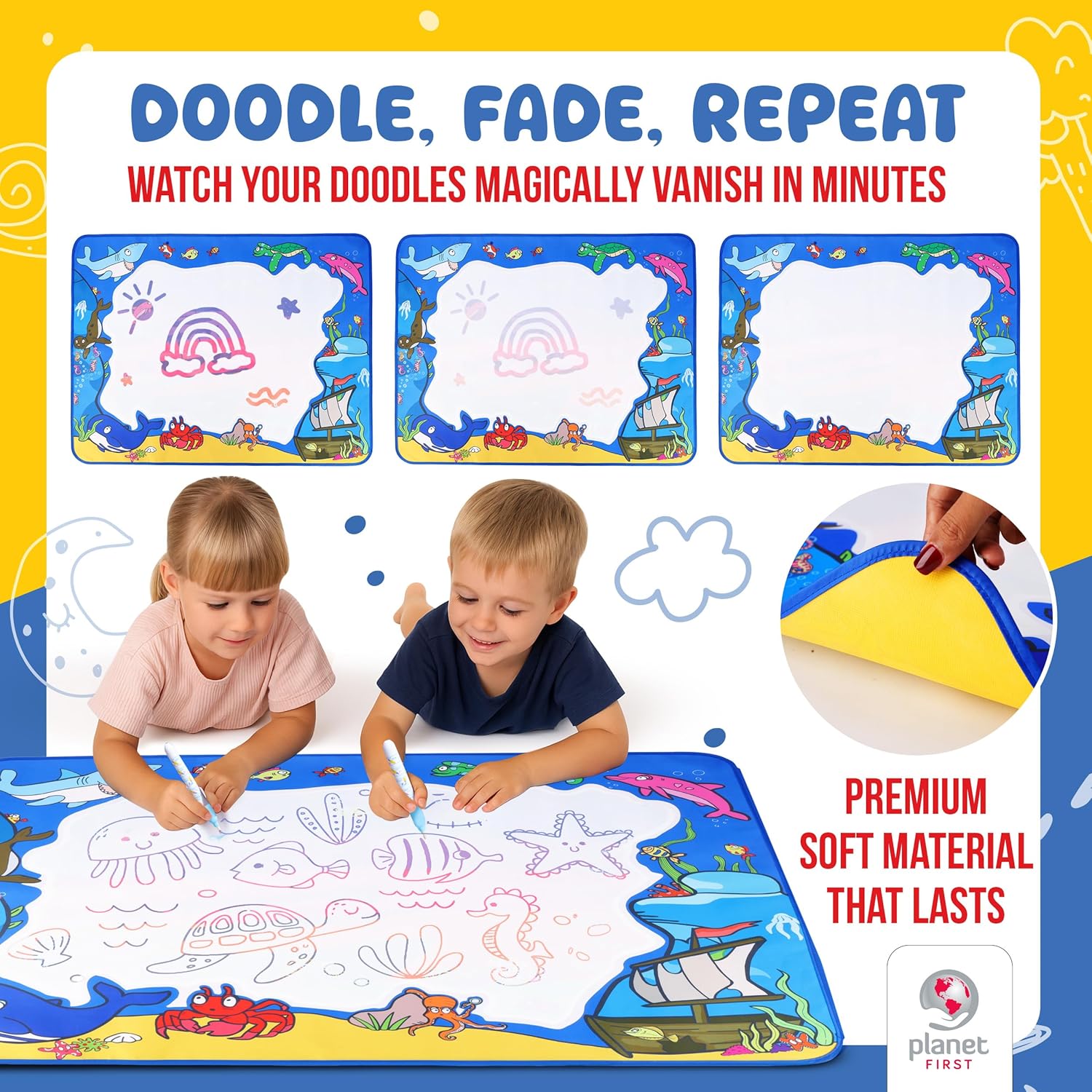 Water Doodle Mat -Sea Life 40 x 32 – Mess-Free Water Drawing Mat for Kids Ages 3-8 with Roller, Stamp Markers, Water Pens, Foam Shapes & Stencils