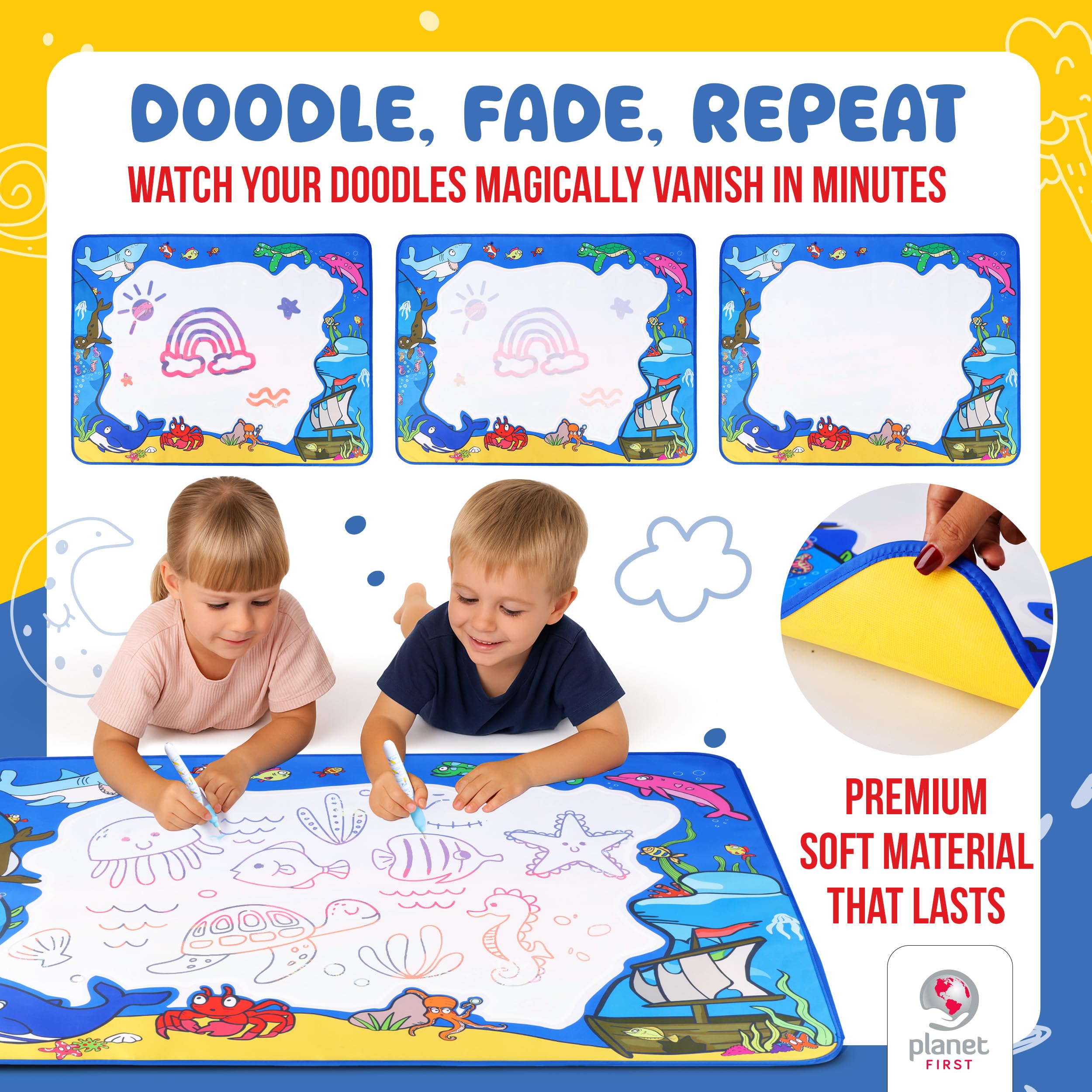 Water Doodle Mat, Sea Life 100 x 80cm, Mess-Free Water Drawing Mat for Kids Ages 3-8 with Roller, Stamp Markers, Water Pens - Image 2