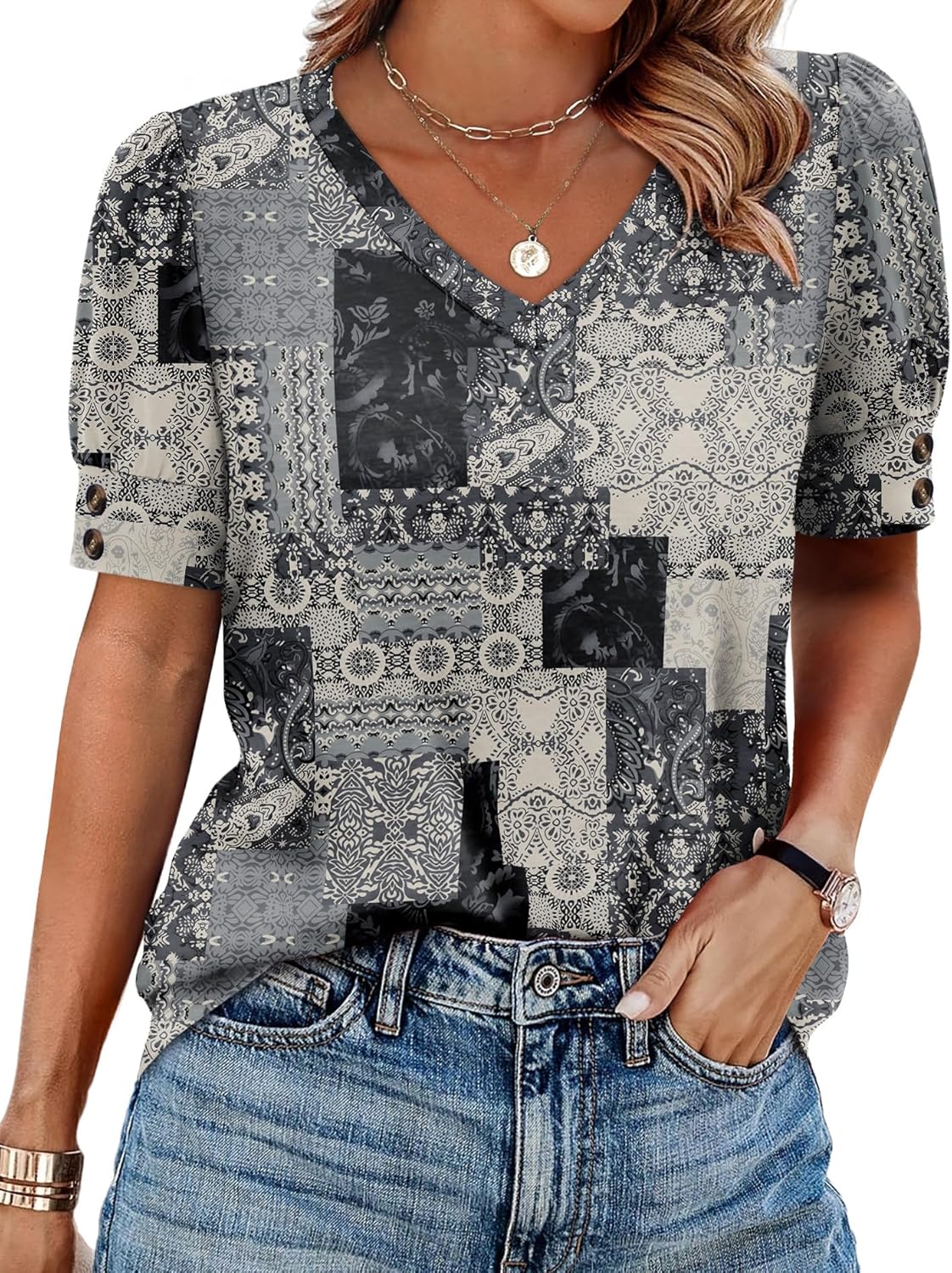 OFEEFAN Womens Tops Short Sleeve Shirts Buttons V Neck Spring Fashion Summer Outfits Plus Size Blouses Dressy Casual