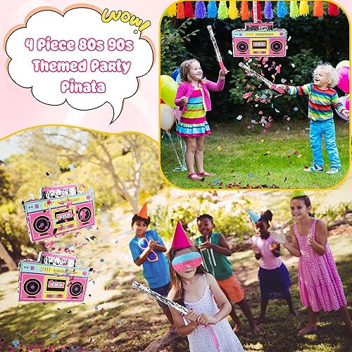 Miniatura 6 de Juego de 4 piezas de radio Boombox de los años 80 y 90, incluye boombox para piñata y palo de murciélago, confeti de color para nostalgia de los