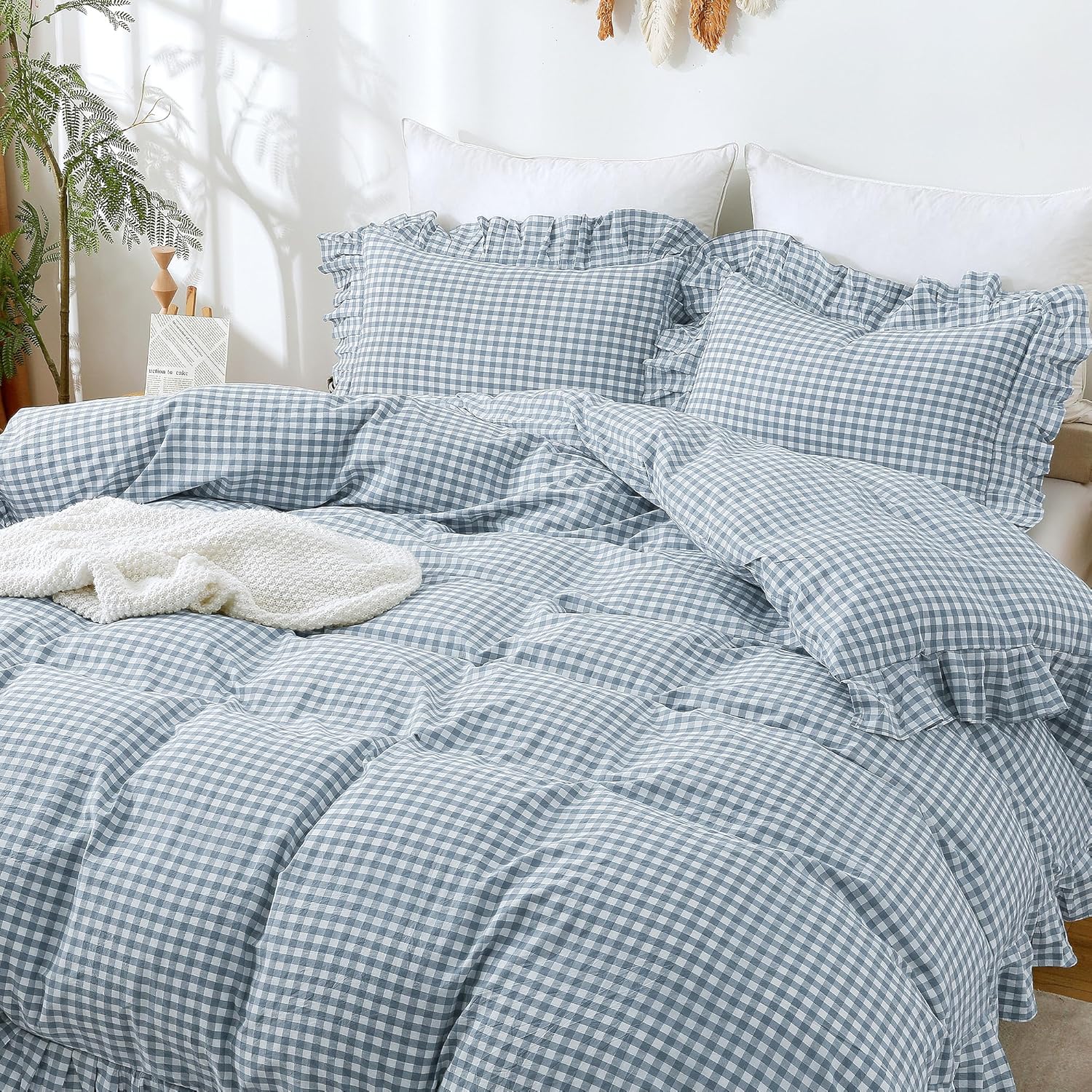 ATsense Blue Gingham Duvet Cover Bedding Set 100% Washed Cotton Like Linen Feel Soft Breathable 3 Pcs Plaid Checkered Cute Ruffle Comforter Cover Set (Queen 90"x90", No Comforter)