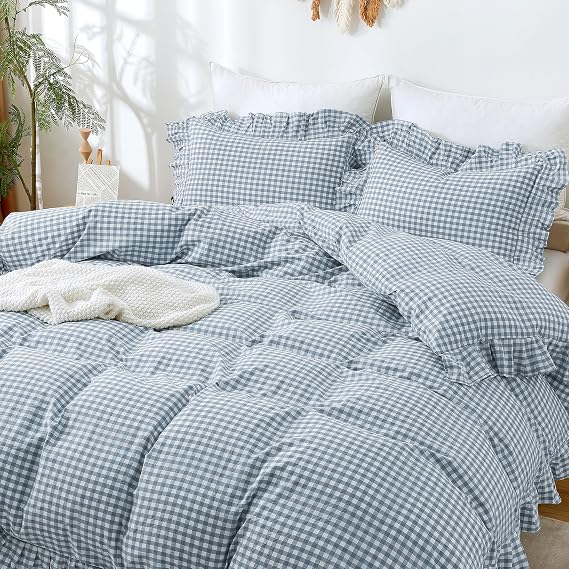 ATsense Blue Gingham Ruffle Duvet Cover Set Cotton Like Linen, Twin