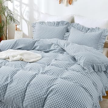 ATsense Blue Gingham Ruffle Duvet Cover Set Cotton Like Linen, Twin