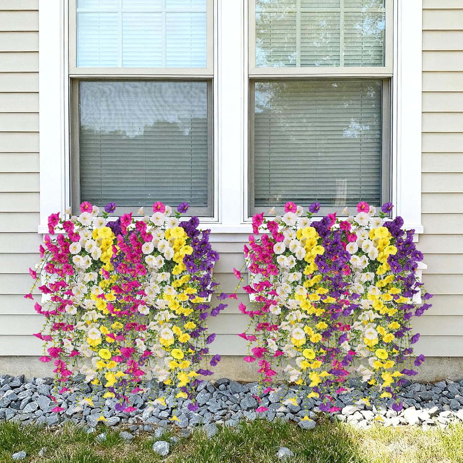 Artificial Hanging Petunias Flowers for Outdoor, 8pcs Fake Plants Long Vine Morning Glory Eucalyptus, UV Resistant Realistic Faux Greenery Outside Patio Porch Garden Spring Summer Decor, Mix Color - Image 7