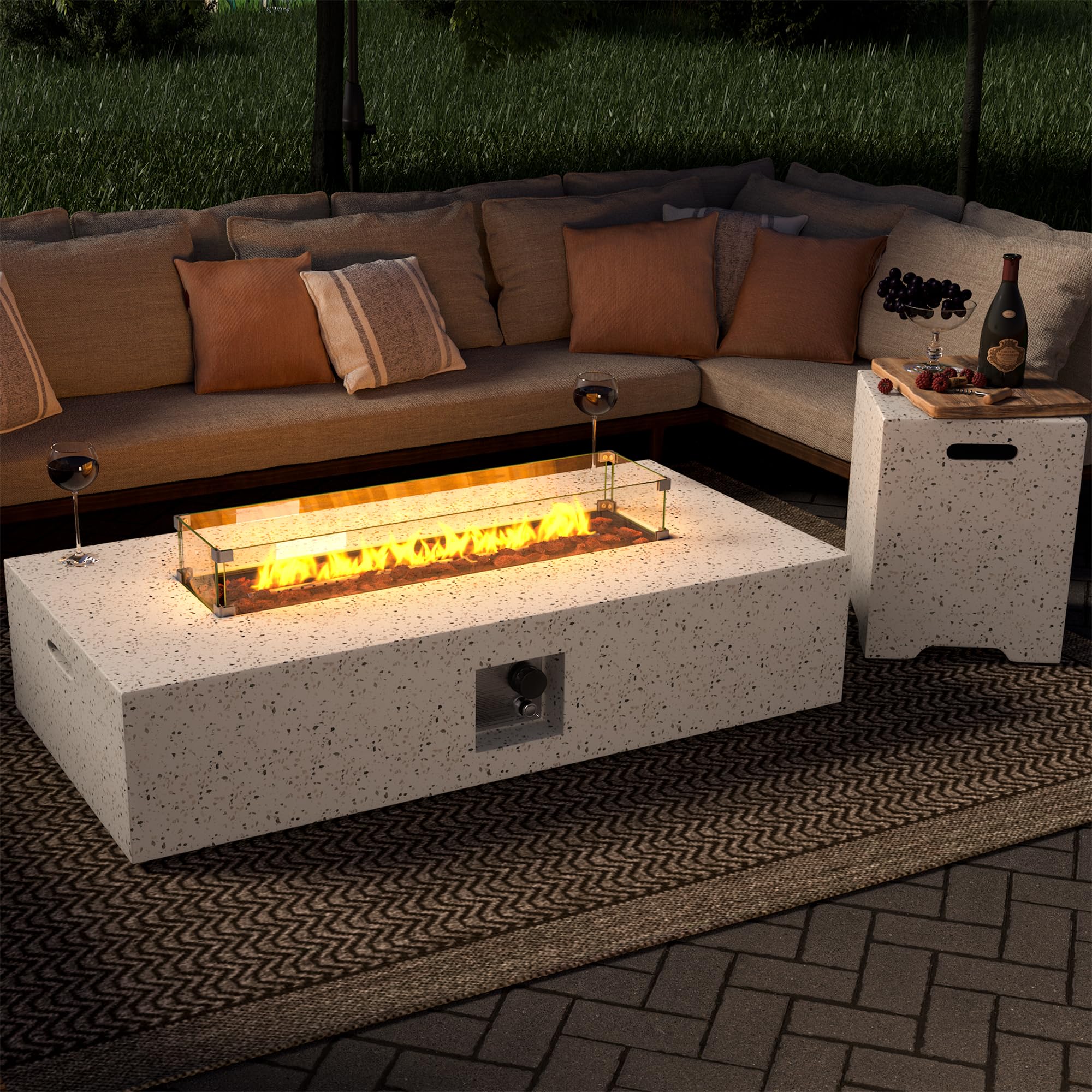 SUNBURY Outdoor Propane Fire Pit, 56 inch Rectangular Patio Fire Table 50,000 BTU Burning Fire Pit for Outside in Spotted White w Glass Wind Guard, Gas Tank Cover, Waterproof Cover