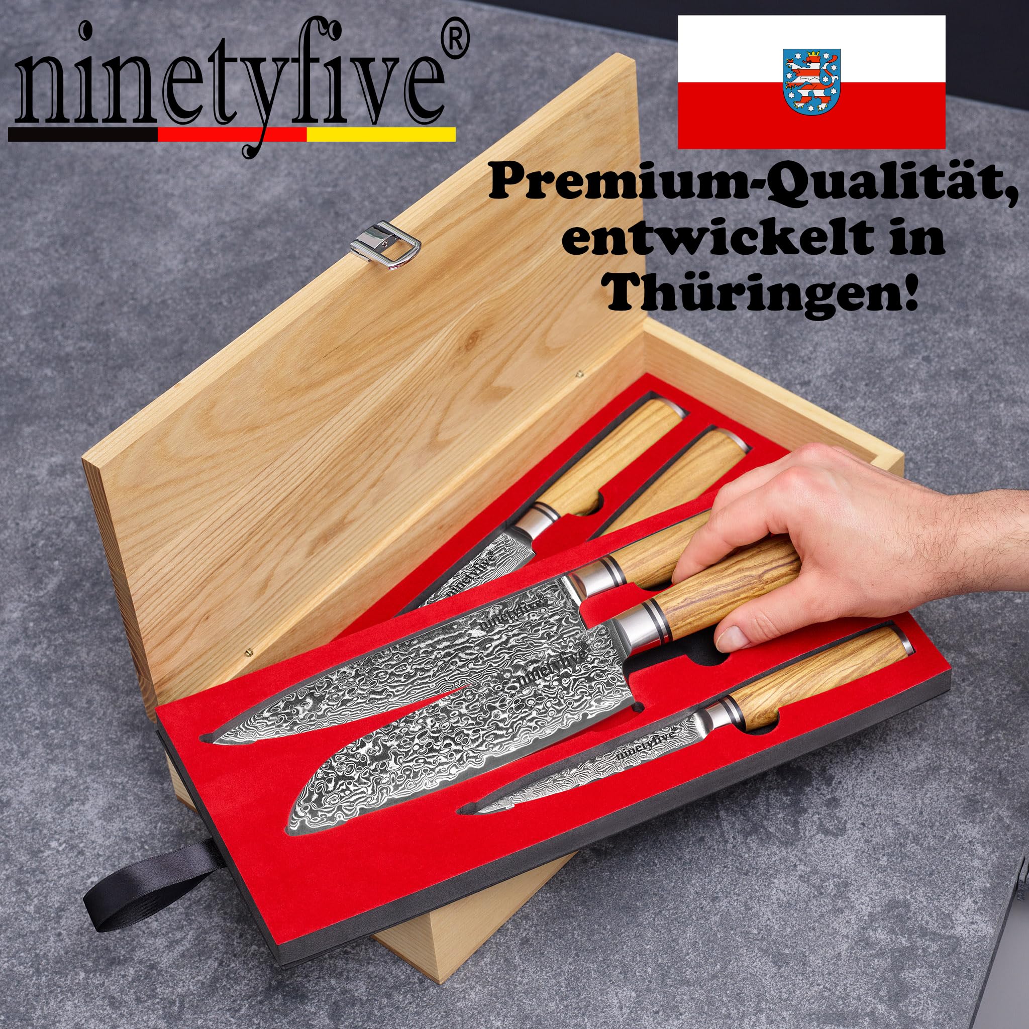 ninetyfive® hochwertiges 6 teiliges Damastmesser Set mit edler Geschenkbox aus Holz | extrem scharfe Küchenmesser mit Echtholzgriff | Küchenmesser Damast | Messerset | Messer damast