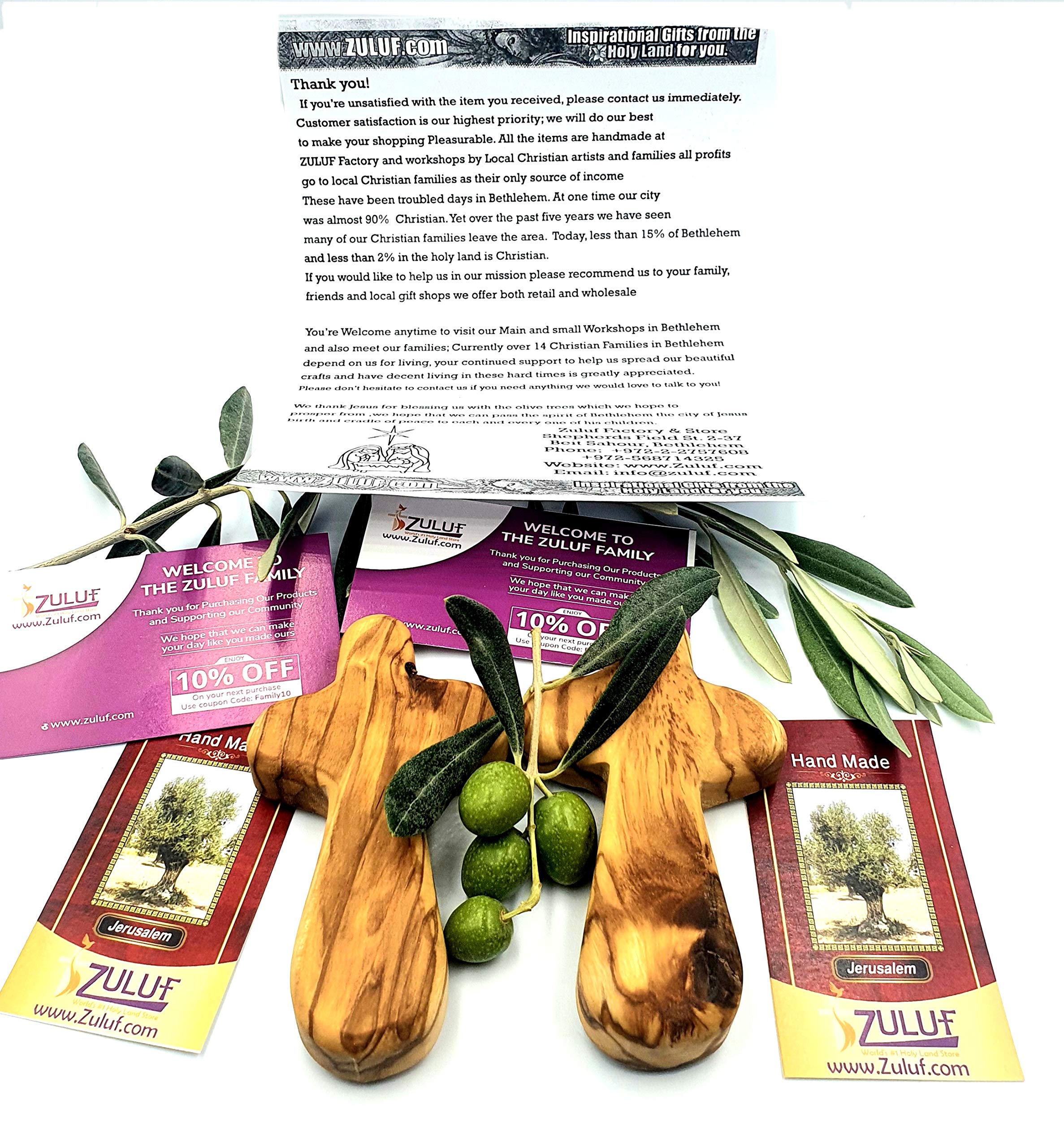 Zuluf Two Olive Wood Holding Hand Palm Comfort Crosses Olivewood | Prayer Comfort Holding Wooden Crosses | Best Christian Holyland Gift & Two Certificates of Authenticity | 10.7cm / 4.2 Inches CRS099