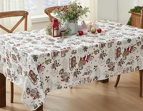 Miniatura 9 de Newbridge Mantel rectangular de vinilo vintage de Navidad de 60 x 120 pulgadas con reverso de franela, estampado retro de Papá Noel, muñeco de nieve