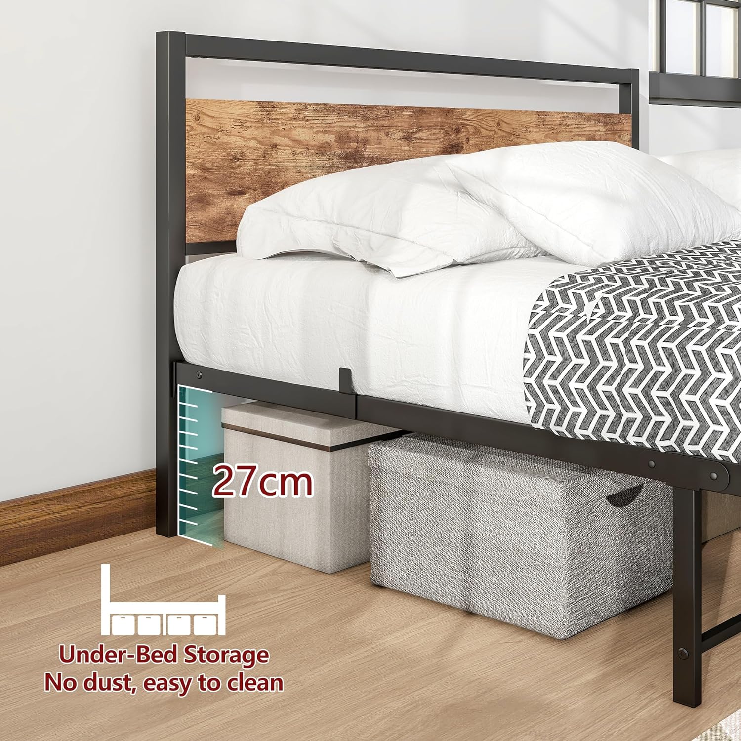 Queen Size Bed Frames with Wood Headboard and Footboard,Heavy Duty Platform Bed Frame with Storage No Box Spring Needed Queen Mattress Foundation,Strong Steel Slats,Noise Free,Brown