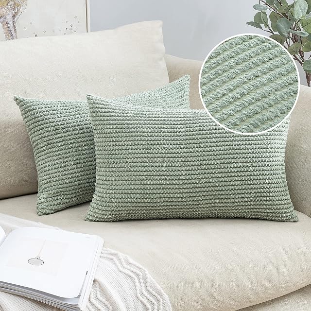MIULEE Pack of 2 Corduroy Cushion Covers Decorative Throw Pillow Cover Square Pillowcase for Sofa Bedroom Living Room Home 12x20 Inch 30x50 cm Pea Grean