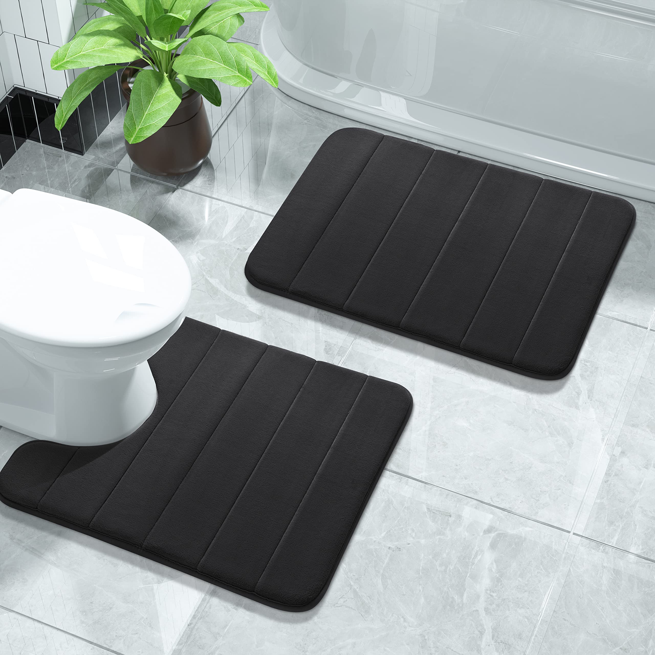 YimobraMemory Foam Bath Mat Set, 2 Pieces Soft Bathroom Rugs,43x61 cm and 61x51 cm U-Shaped for Bathroom Rugs, Toilet Mats, Water Absorption, Non Slip, Thick, Dry Fast for Bathroom Floor Mats, Black