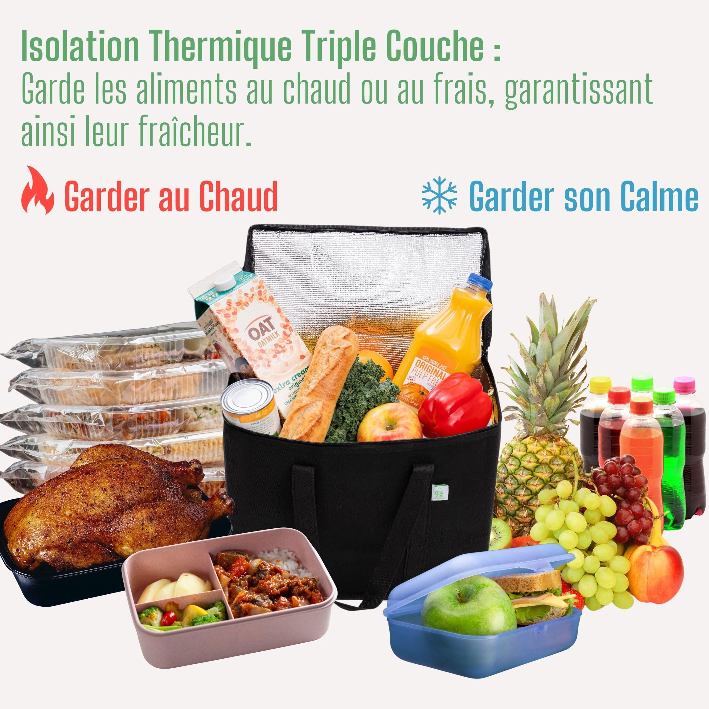 VENO Lot de 2 Sac Isotherme Pliable Isolation Réutilisable, Epicerie Alimentaire, Sac de Course, Robuste, Grand, Anses Durables, Fermeture Eclair Double Patte, Couverture, Debout (Noir)