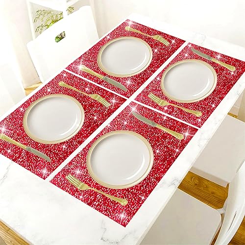 Miniatura 5 de Juego de 2 manteles individuales rojos, resistentes al calor, cuadrados, salvamanteles rojos, diamantes de imitación, decoración de diamantes