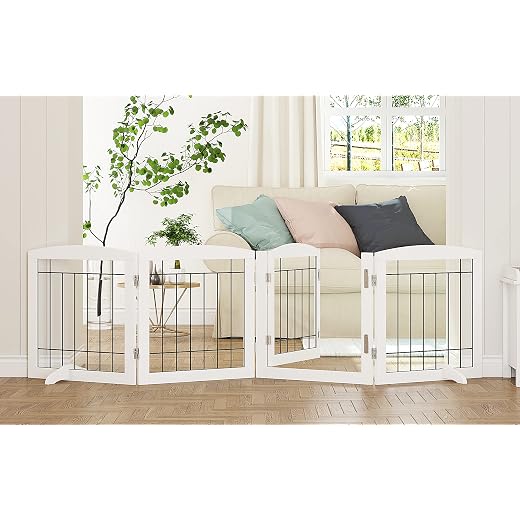 PAWLAND Freestanding Dog gate with Walk Through Door, Dog Gates for Doorways, The House, Stairs, 80" Wide Pet Puppy Safety Fence with Support Feet, 4 Panels, White