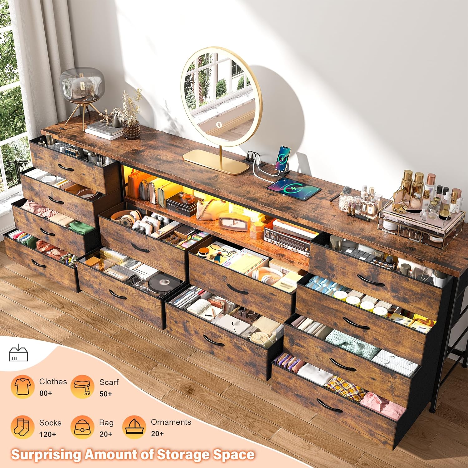 EnHomee Fits 65,70 inch Tv Stand, 63" W Entertainment Center with LED Lights & Power Outlets, 12 Long Fabric Dresser for Bedroom, Hallway, Rustic Brown - Image 6