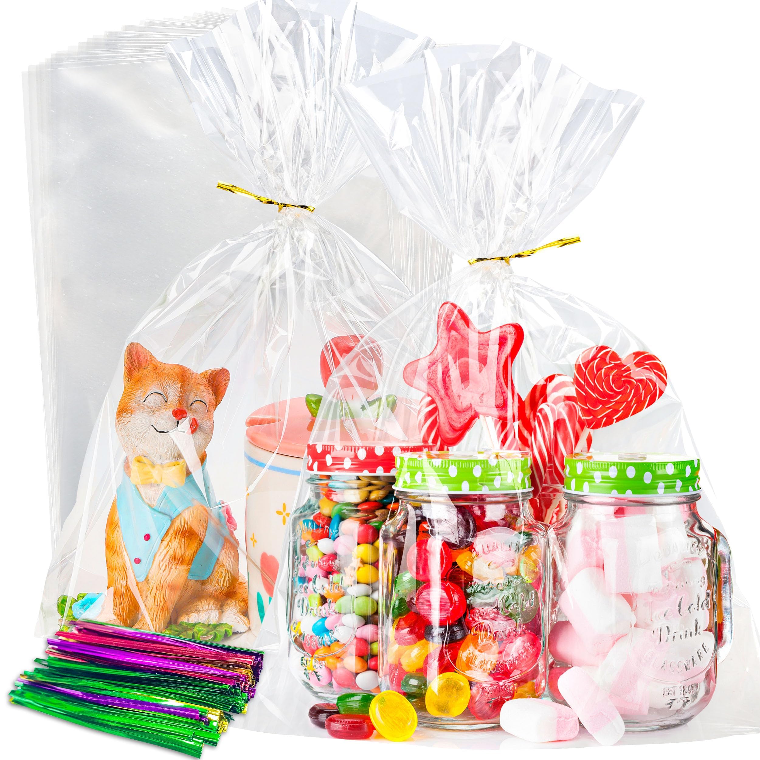 NPLUX 100 Pack Cellophane Bags Small Plastic Cookie Bag Clear Treat Bags with Twist Ties for Small Gift Party Favors Bakery