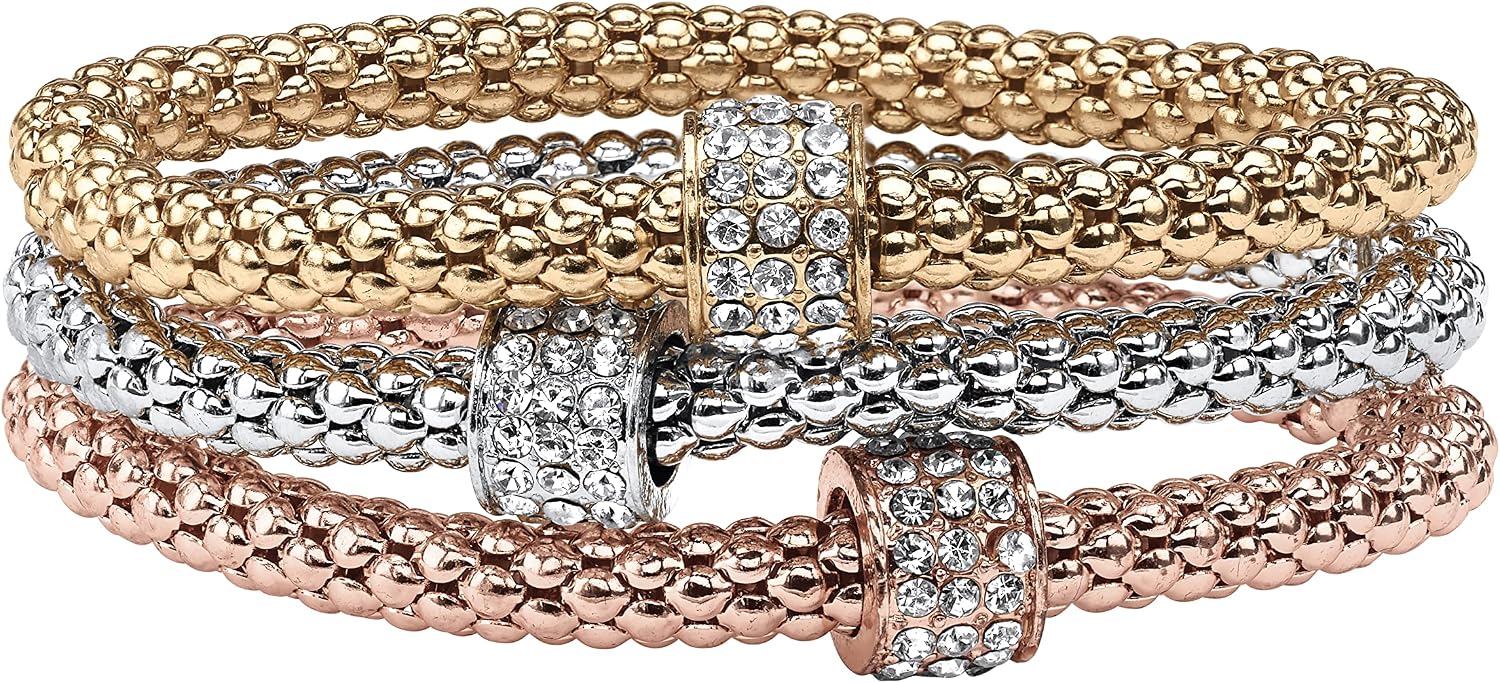 PalmBeach Goldtone Silvertone and Rose Goldtone Crystal 3 Piece Stretch Bracelet Set, 8 inch Length