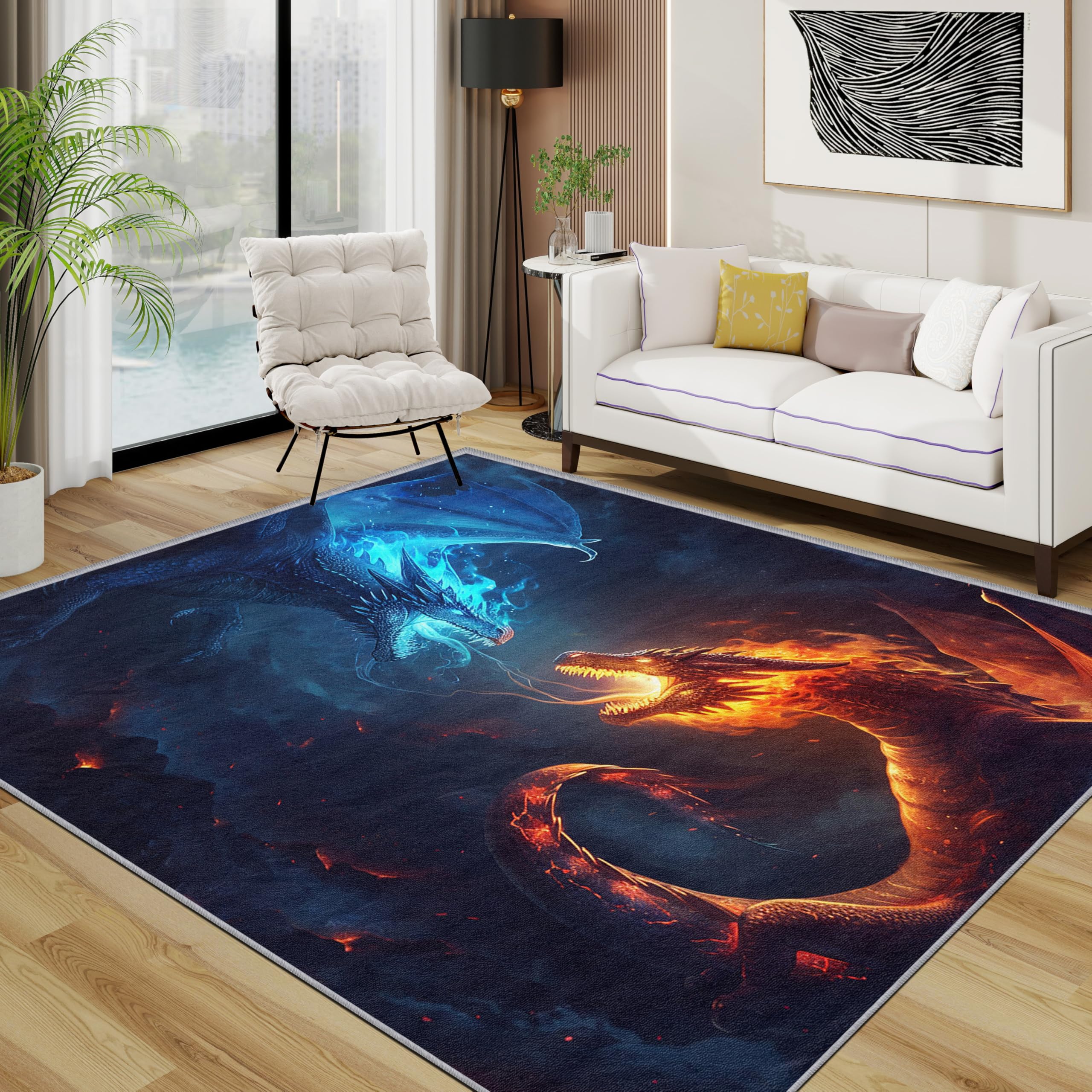 Ice and Fire Rug - Dragon Fantasy Animal Small Rugs for Bedroom 50x80, Mythical cool game boys Floor Mat Soft Washable Non Slip Indoor Mats, Ice and Fire Home Decor