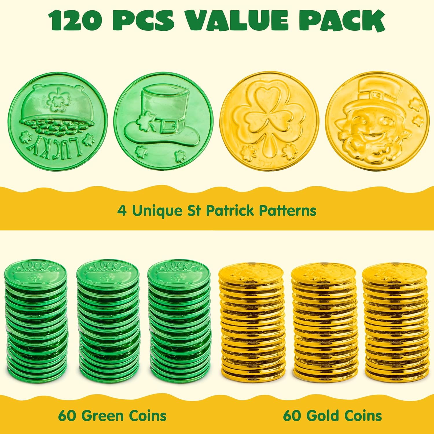 JOYIN 120 PCS St. Patrick’s Day Coins, Green and Gold Coins with Shamrock, Leprechaun, Cauldron and Hat Patterns for St Patrick Party Decorations, Accessories