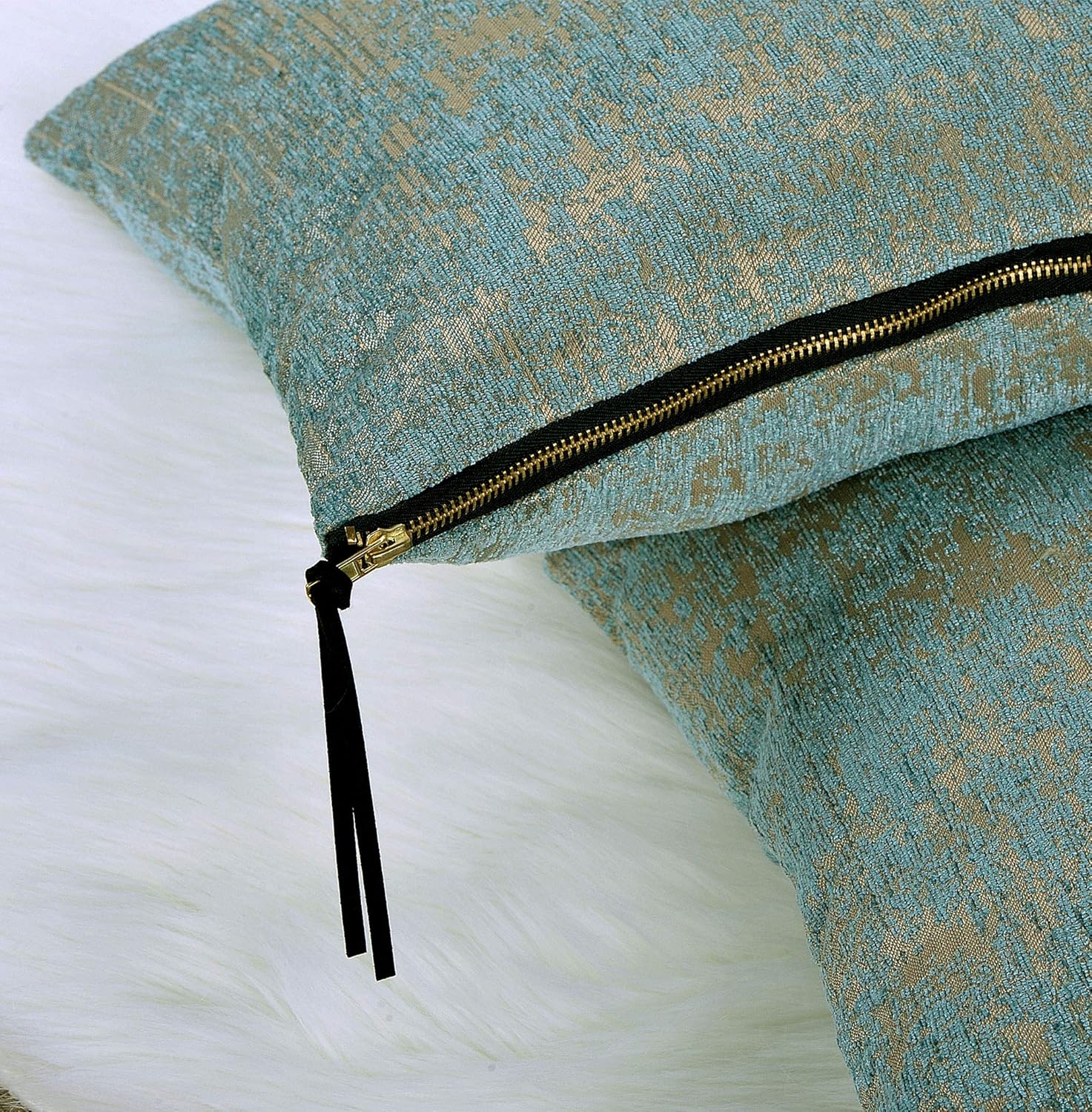 Home Soft Things Serenta Jacquard Chenille Big Zipper 2 Piece Pillow Shell Set, Teal/Camel, 20" x 20"