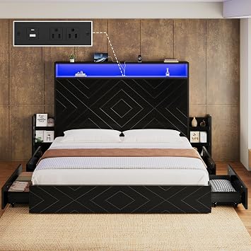 Queen Bed Frame with 4 Locking Drawers & Bedside Storage