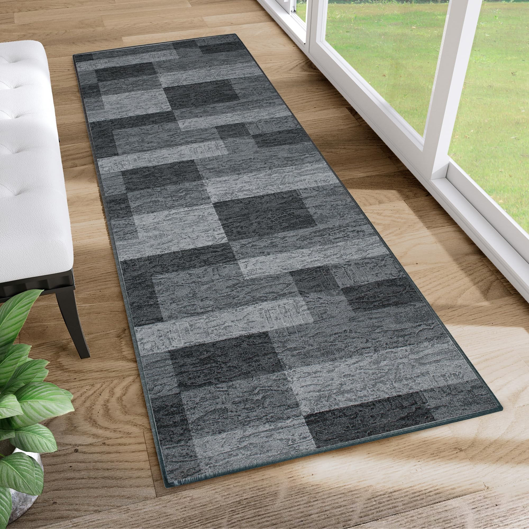 TAPISO Antidérapant Tapis Couloir Long Tapis au Mètre Tapis de Passage Poils Ras Tapis Entrée Cuisine Évier Chambre Escaliers Moderne Gris Foncé Anthracite Géométrique 120 x 350 cm